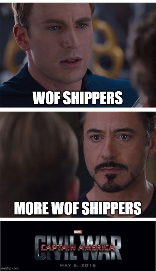 stop with the shipping it's cringe | WOF SHIPPERS; MORE WOF SHIPPERS | image tagged in memes,marvel civil war 1 | made w/ Imgflip meme maker