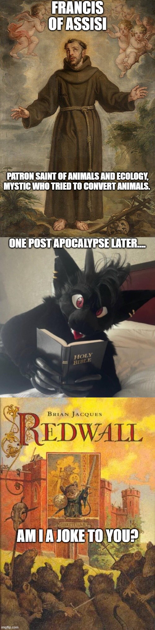 Would it be called Assisi's Creed? I dunno, but if it overlaps furries and religion, expect Sabrespark. | FRANCIS OF ASSISI; PATRON SAINT OF ANIMALS AND ECOLOGY, MYSTIC WHO TRIED TO CONVERT ANIMALS. ONE POST APOCALYPSE LATER.... AM I A JOKE TO YOU? | image tagged in furries,saints,catholic,mystic messenger,anthro,bible | made w/ Imgflip meme maker