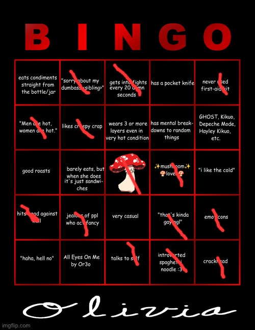 aTomato011 Bingo for Her OC | image tagged in olivia's bingo | made w/ Imgflip meme maker