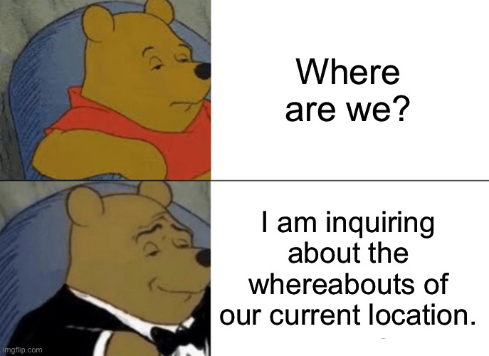 Wiki | Where are we? I am inquiring about the whereabouts of our current location. | image tagged in memes,tuxedo winnie the pooh | made w/ Imgflip meme maker