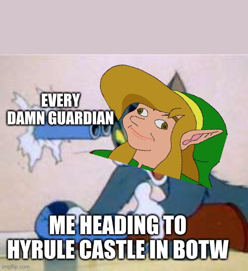 Botw meme | EVERY DAMN GUARDIAN; ME HEADING TO HYRULE CASTLE IN BOTW | image tagged in tom the cat shooting himself | made w/ Imgflip meme maker