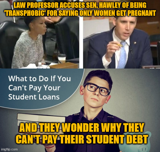 Libs ruined America's education system | LAW PROFESSOR ACCUSES SEN. HAWLEY OF BEING 'TRANSPHOBIC' FOR SAYING ONLY WOMEN GET PREGNANT; AND THEY WONDER WHY THEY CAN'T PAY THEIR STUDENT DEBT | image tagged in higher education | made w/ Imgflip meme maker
