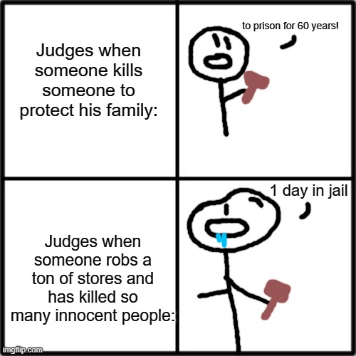 :( | to prison for 60 years! Judges when someone kills someone to protect his family:; 1 day in jail; Judges when someone robs a ton of stores and has killed so many innocent people: | image tagged in split,judge | made w/ Imgflip meme maker