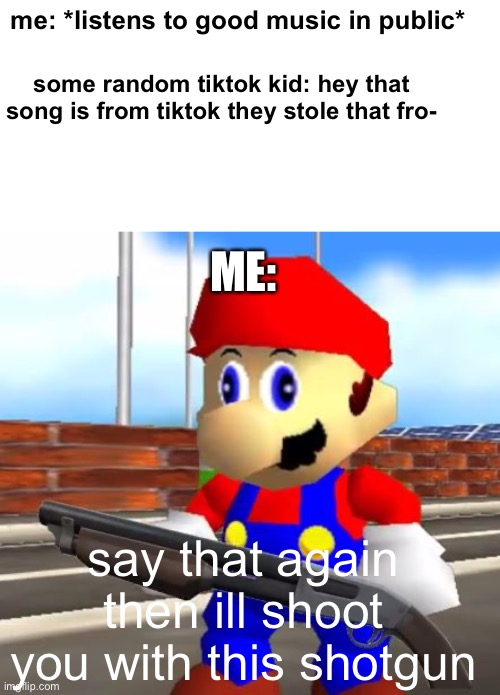 i ran out of ideas | me: *listens to good music in public*; some random tiktok kid: hey that song is from tiktok they stole that fro-; ME:; say that again then ill shoot you with this shotgun | image tagged in smg4 shotgun mario,memes,tiktok sucks,funny | made w/ Imgflip meme maker