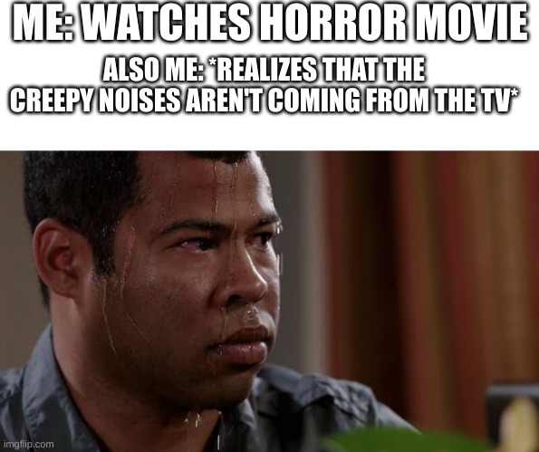 sweating bullets | ME: WATCHES HORROR MOVIE; ALSO ME: *REALIZES THAT THE CREEPY NOISES AREN'T COMING FROM THE TV* | image tagged in sweating bullets | made w/ Imgflip meme maker