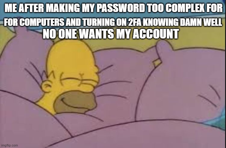 Why am I like this? | FOR COMPUTERS AND TURNING ON 2FA KNOWING DAMN WELL; ME AFTER MAKING MY PASSWORD TOO COMPLEX FOR; NO ONE WANTS MY ACCOUNT | image tagged in how i sleep homer simpson | made w/ Imgflip meme maker