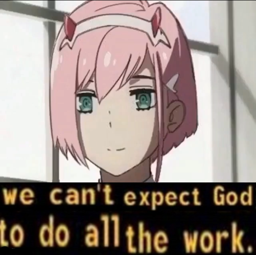 we can't expect god to do all the work but it's zero two Blank Meme Template