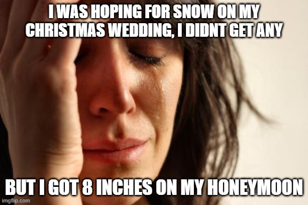 first world problems |  I WAS HOPING FOR SNOW ON MY CHRISTMAS WEDDING, I DIDNT GET ANY; BUT I GOT 8 INCHES ON MY HONEYMOON | image tagged in memes,first world problems | made w/ Imgflip meme maker
