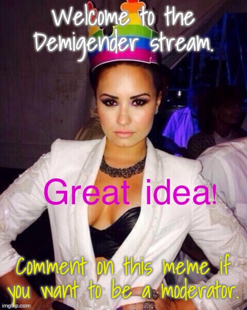 We have new followers. | Welcome to the Demigender stream. Comment on this meme if you want to be a moderator. | image tagged in demi lovato great idea,lgbt,sgrm,help wanted | made w/ Imgflip meme maker