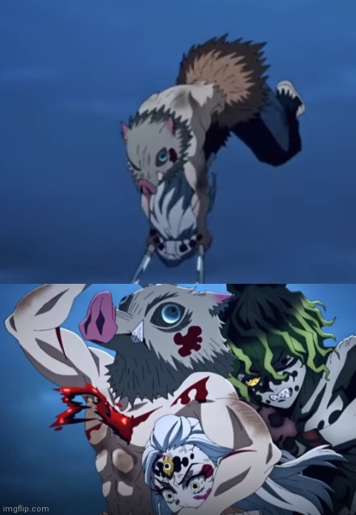 Inosuke gets stabbed | image tagged in inosuke gets stabbed | made w/ Imgflip meme maker