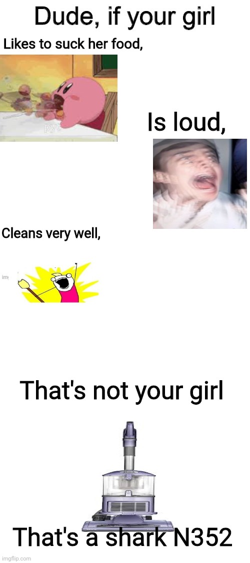 *cleans* | Likes to suck her food, Is loud, Cleans very well, That's not your girl; That's a shark N352 | image tagged in dude if your girl,memes,funny | made w/ Imgflip meme maker