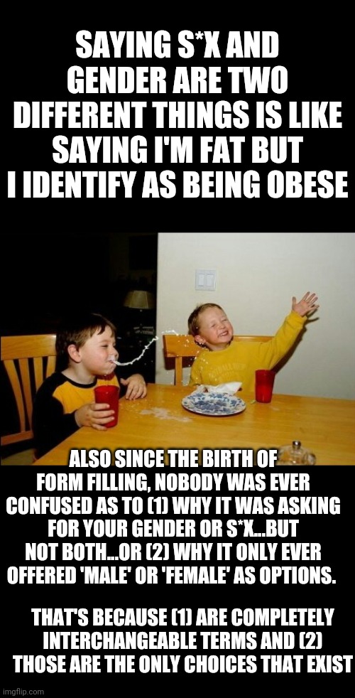 Yo Mamas So Fat | SAYING S*X AND GENDER ARE TWO DIFFERENT THINGS IS LIKE SAYING I'M FAT BUT I IDENTIFY AS BEING OBESE; ALSO SINCE THE BIRTH OF FORM FILLING, NOBODY WAS EVER CONFUSED AS TO (1) WHY IT WAS ASKING FOR YOUR GENDER OR S*X...BUT NOT BOTH...OR (2) WHY IT ONLY EVER OFFERED 'MALE' OR 'FEMALE' AS OPTIONS. THAT'S BECAUSE (1) ARE COMPLETELY INTERCHANGEABLE TERMS AND (2) THOSE ARE THE ONLY CHOICES THAT EXIST | image tagged in memes,yo mamas so fat | made w/ Imgflip meme maker