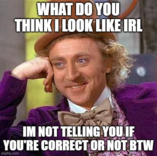 Creepy Condescending Wonka | WHAT DO YOU THINK I LOOK LIKE IRL; IM NOT TELLING YOU IF YOU'RE CORRECT OR NOT BTW | image tagged in memes,creepy condescending wonka | made w/ Imgflip meme maker