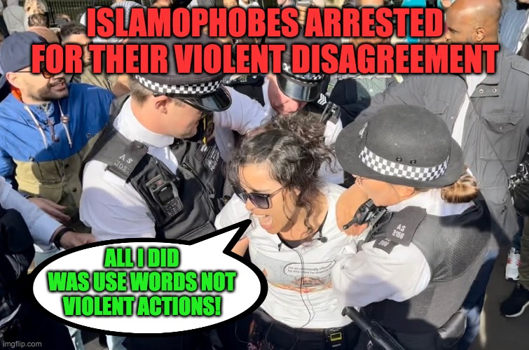 Violent Islamophobe | ISLAMOPHOBES ARRESTED FOR THEIR VIOLENT DISAGREEMENT; ALL I DID WAS USE WORDS NOT VIOLENT ACTIONS! | image tagged in free speech,islam,muslims,hatun tash,oppression,dirty cops | made w/ Imgflip meme maker