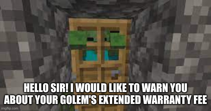 watch out golems | HELLO SIR! I WOULD LIKE TO WARN YOU ABOUT YOUR GOLEM'S EXTENDED WARRANTY FEE | image tagged in minecraft,zombie minecract,funny,warrant,extended warranty | made w/ Imgflip meme maker