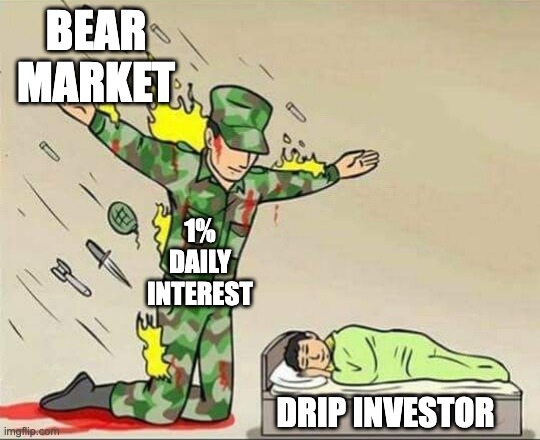 Drip to the rescue | BEAR MARKET; 1% DAILY INTEREST; DRIP INVESTOR | image tagged in soldier protecting sleeping child,crypto,passive income | made w/ Imgflip meme maker