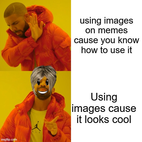 Drake Hotline Bling Meme | using images on memes cause you know how to use it; Using images cause it looks cool | image tagged in memes,drake hotline bling | made w/ Imgflip meme maker