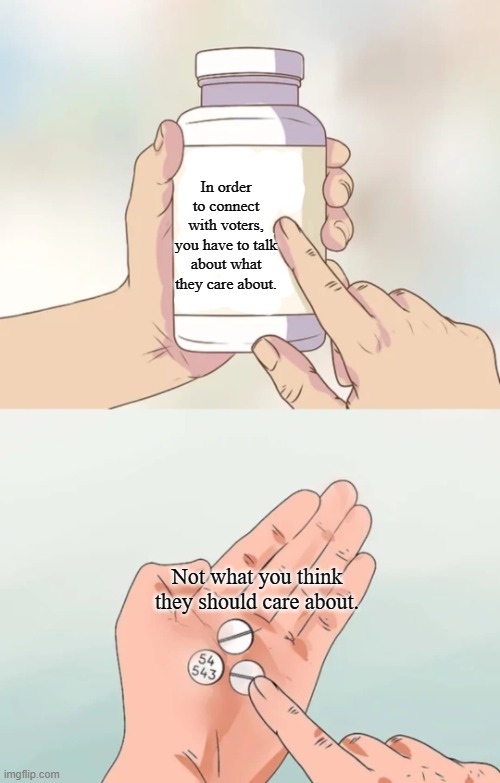 Hard to Swallow Pill for the Left | In order to connect with voters, you have to talk about what they care about. Not what you think they should care about. | image tagged in hard pills to swallow blank,memes,politics | made w/ Imgflip meme maker