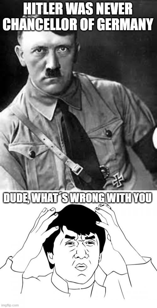 HITLER WAS NEVER CHANCELLOR OF GERMANY DUDE, WHAT´S WRONG WITH YOU | image tagged in adolf hitler,memes,jackie chan wtf | made w/ Imgflip meme maker