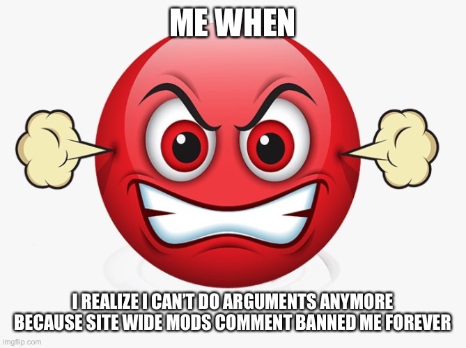 Angry emoji | ME WHEN; I REALIZE I CAN’T DO ARGUMENTS ANYMORE BECAUSE SITE WIDE MODS COMMENT BANNED ME FOREVER | image tagged in angry emoji | made w/ Imgflip meme maker