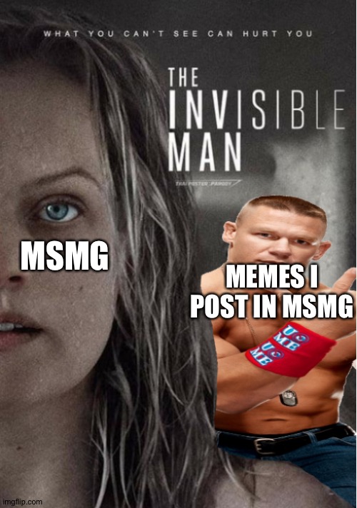 No one upvotes | MSMG; MEMES I POST IN MSMG | image tagged in the invisible man john cena you can't see me | made w/ Imgflip meme maker