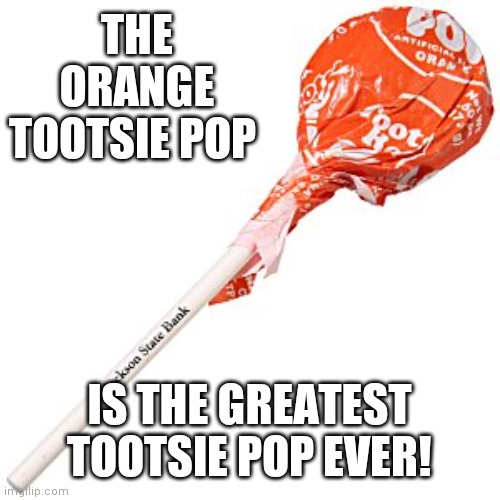 The Tootsie Pop | THE ORANGE TOOTSIE POP; IS THE GREATEST TOOTSIE POP EVER! | image tagged in orange tootsie,chocolate pop,sucks,wtf is wrong with you | made w/ Imgflip meme maker