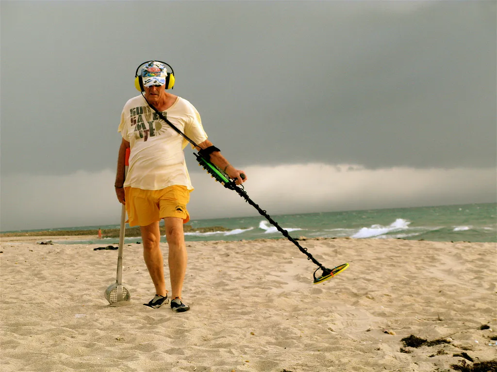 Old man beach metal detector Blank Meme Template