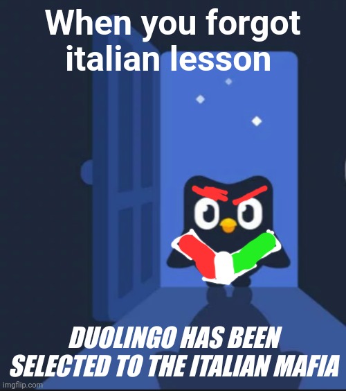 per favore duolingo farò la mia lezione di italiano non rapirmi e non uccidermi | When you forgot italian lesson; DUOLINGO HAS BEEN SELECTED TO THE ITALIAN MAFIA | image tagged in duolingo bird | made w/ Imgflip meme maker