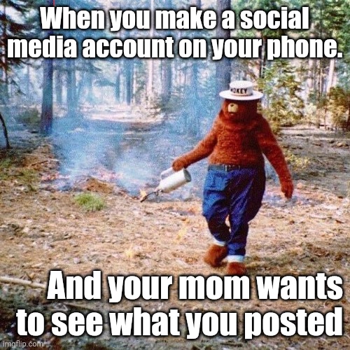 Let's not waste our time doing that mom- | When you make a social media account on your phone. And your mom wants to see what you posted | image tagged in smokey arsonist | made w/ Imgflip meme maker