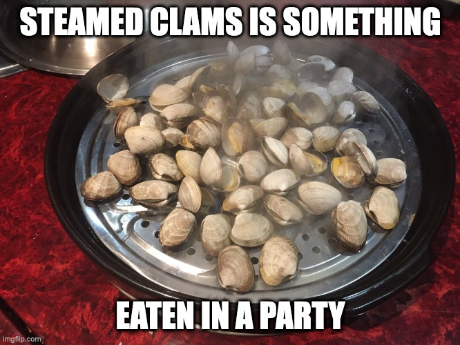 Steamed Clams | STEAMED CLAMS IS SOMETHING; EATEN IN A PARTY | image tagged in clams,memes,food | made w/ Imgflip meme maker