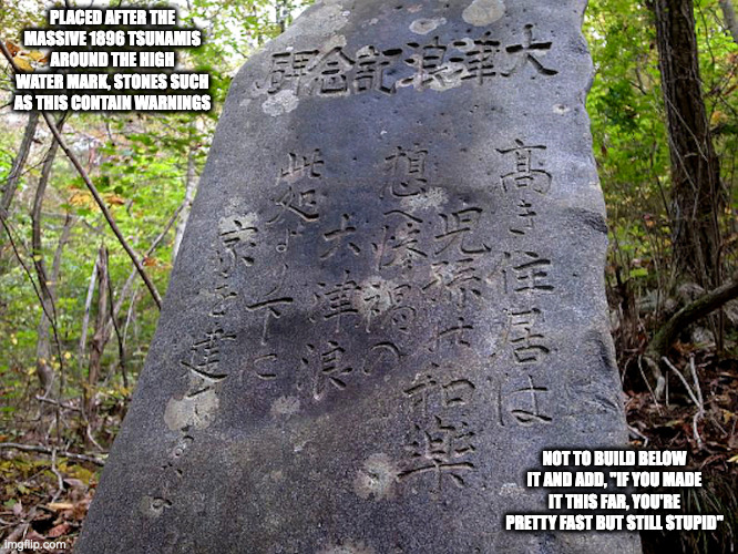 Tsunami Stone |  PLACED AFTER THE MASSIVE 1896 TSUNAMIS AROUND THE HIGH WATER MARK, STONES SUCH AS THIS CONTAIN WARNINGS; NOT TO BUILD BELOW IT AND ADD, "IF YOU MADE IT THIS FAR, YOU'RE PRETTY FAST BUT STILL STUPID" | image tagged in stone,tsunami,memes | made w/ Imgflip meme maker