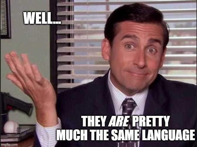 Michael Scott | WELL... THEY           PRETTY MUCH THE SAME LANGUAGE ARE | image tagged in michael scott | made w/ Imgflip meme maker
