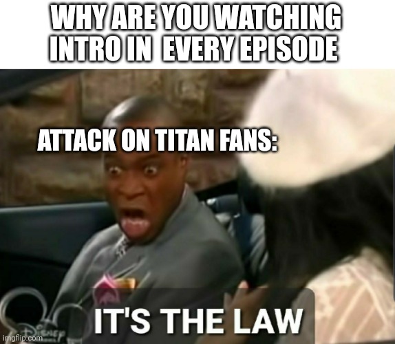 Every attack on titan fan. | WHY ARE YOU WATCHING INTRO IN  EVERY EPISODE; ATTACK ON TITAN FANS: | image tagged in it's the law | made w/ Imgflip meme maker
