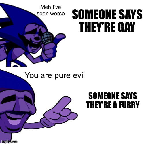 Meh,I’ve seen worse; SOMEONE SAYS THEY’RE GAY; You are pure evil; SOMEONE SAYS THEY’RE A FURRY | made w/ Imgflip meme maker