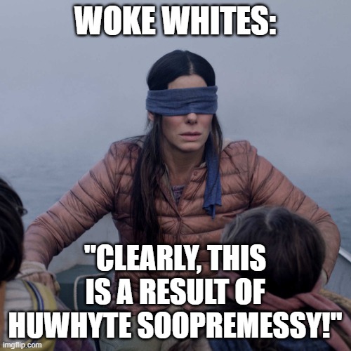 Bird Box Meme | WOKE WHITES: "CLEARLY, THIS IS A RESULT OF HUWHYTE SOOPREMESSY!" | image tagged in memes,bird box | made w/ Imgflip meme maker