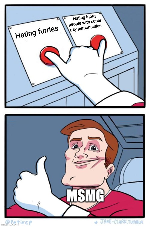Part 2 | Hating lgbtq people with super gay personalities; Hating furries; MSMG | image tagged in both buttons pressed | made w/ Imgflip meme maker