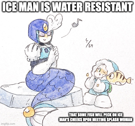 Ice Man and Splash Woman | ICE MAN IS WATER RESISTANT; THAT SOME FISH WILL PECK ON ICE MAN'S CHEEKS UPON MEETING SPLASH WOMAN | image tagged in iceman,splashwoman,memes,megaman | made w/ Imgflip meme maker