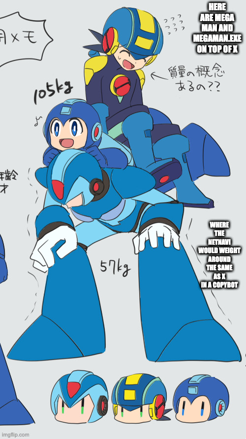 Mega Man and MegaMan.EXE on Top of X | HERE ARE MEGA MAN AND MEGAMAN.EXE ON TOP OF X; WHERE THE NETNAVI WOULD WEIGHT AROUND THE SAME AS X IN A COPYBOT | image tagged in megaman,megaman battle network,megaman x,x,megamanexe,memes | made w/ Imgflip meme maker