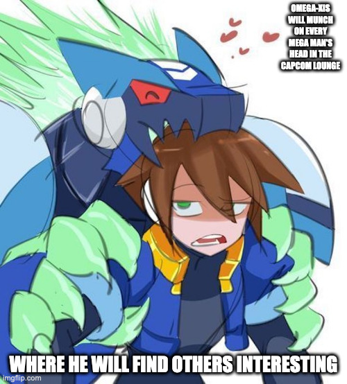 Omega-Xis Munching on Alie's Head | OMEGA-XIS WILL MUNCH ON EVERY MEGA MAN'S HEAD IN THE CAPCOM LOUNGE; WHERE HE WILL FIND OTHERS INTERESTING | image tagged in megaman,megaman star force,megaman zx,alie,omegaxis,memes | made w/ Imgflip meme maker