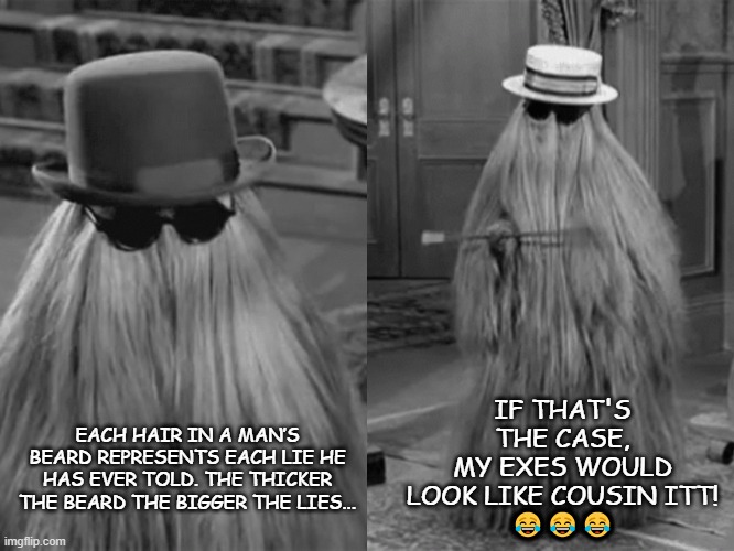 The Pinocchio Cousin Itt Effect? | IF THAT'S THE CASE, MY EXES WOULD LOOK LIKE COUSIN ITT!
😂😂😂; EACH HAIR IN A MAN’S BEARD REPRESENTS EACH LIE HE HAS EVER TOLD. THE THICKER THE BEARD THE BIGGER THE LIES... | image tagged in cousin itt,funny memes,wednesday addams,pinnochio,liar liar pants on fire,memes | made w/ Imgflip meme maker
