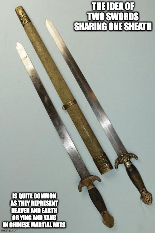 Two Swords With One Sheath | THE IDEA OF TWO SWORDS SHARING ONE SHEATH; IS QUITE COMMON AS THEY REPRESENT HEAVEN AND EARTH OR YING AND YANG IN CHINESE MARTIAL ARTS | image tagged in sword,weapons,memes | made w/ Imgflip meme maker