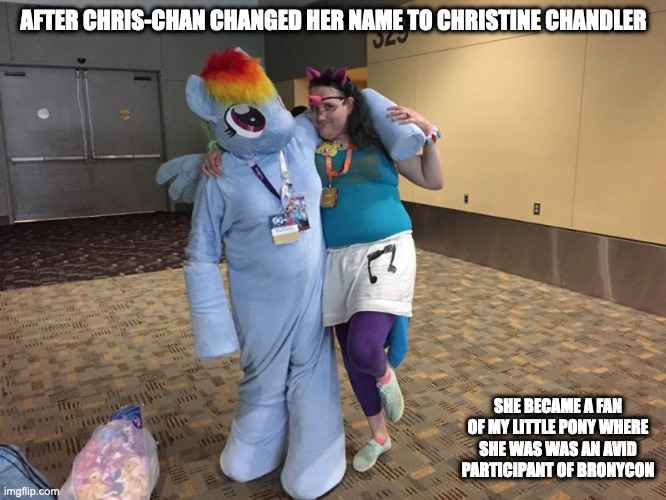 Christine Chandler at Bronycon | AFTER CHRIS-CHAN CHANGED HER NAME TO CHRISTINE CHANDLER; SHE BECAME A FAN OF MY LITTLE PONY WHERE SHE WAS WAS AN AVID PARTICIPANT OF BRONYCON | image tagged in chris-chan,bronycon,my little pony,memes | made w/ Imgflip meme maker