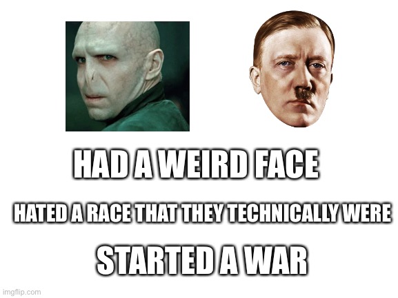 Hmmmmmm | HAD A WEIRD FACE; HATED A RACE THAT THEY TECHNICALLY WERE; STARTED A WAR | image tagged in blank white template | made w/ Imgflip meme maker