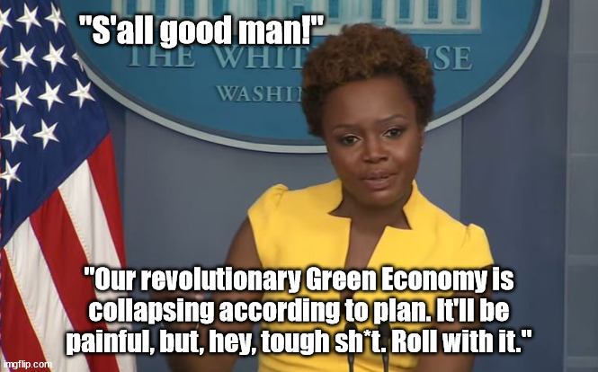 Biden's Green Economy is dysfunctional according to plan. | "S'all good man!"; "Our revolutionary Green Economy is collapsing according to plan. It'll be painful, but, hey, tough sh*t. Roll with it." | image tagged in memes,politics | made w/ Imgflip meme maker