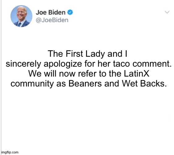 Blank Biden tweet | The First Lady and I  sincerely apologize for her taco comment. We will now refer to the LatinX community as Beaners and Wet Backs. | image tagged in blank biden tweet | made w/ Imgflip meme maker