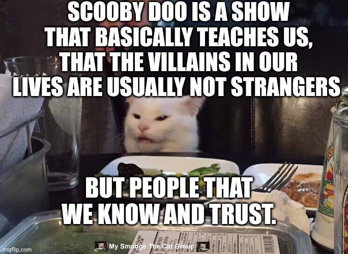 SCOOBY DOO IS A SHOW THAT BASICALLY TEACHES US, THAT THE VILLAINS IN OUR LIVES ARE USUALLY NOT STRANGERS; BUT PEOPLE THAT WE KNOW AND TRUST. | image tagged in smudge the cat | made w/ Imgflip meme maker