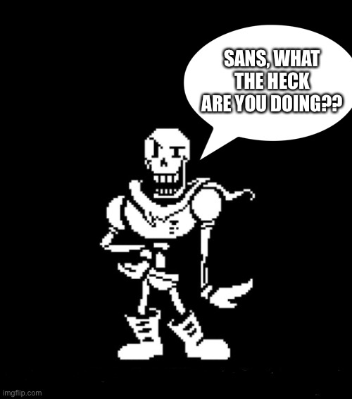 Standard Papyrus | SANS, WHAT THE HECK ARE YOU DOING?? | image tagged in standard papyrus | made w/ Imgflip meme maker