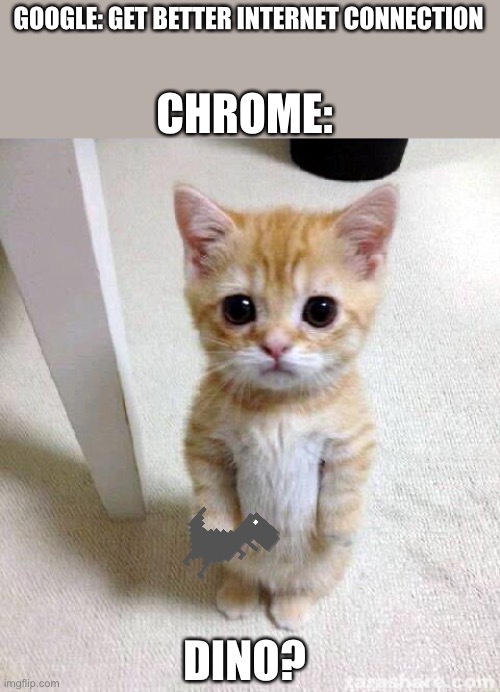 Cute Cat Meme | CHROME:; GOOGLE: GET BETTER INTERNET CONNECTION; DINO? | image tagged in memes,cute cat | made w/ Imgflip meme maker