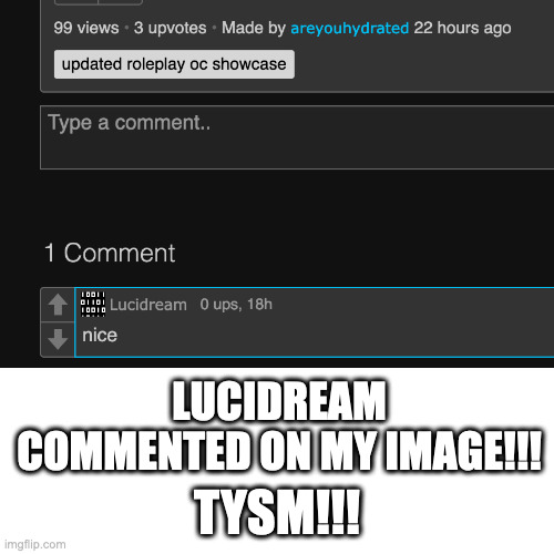 Tysm!! | LUCIDREAM COMMENTED ON MY IMAGE!!! TYSM!!! | image tagged in thank you | made w/ Imgflip meme maker