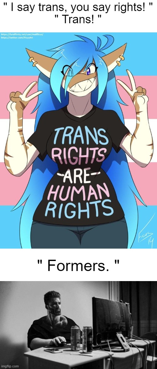 who actually remembers the original 4chan thread | " I say trans, you say rights! "
" Trans! "; " Formers. " | image tagged in shitpost status | made w/ Imgflip meme maker